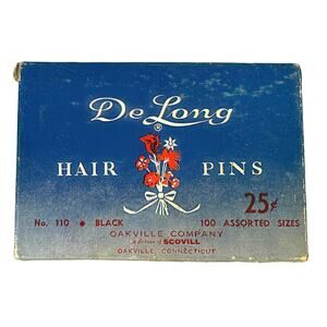 Vintage DeLong Hair Pins Box No. 110 Black 100 Assorted Sizes